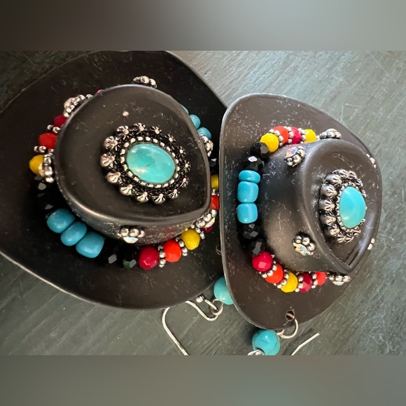 3D Concho Cowboy Hat Dangle Earrings with Seed Beads. Festival - Picture 1 of 3